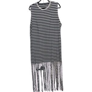 ZARA Black & White Striped Midi Dress Size L Sleeveless, Fringe Hem, 100% Cotton